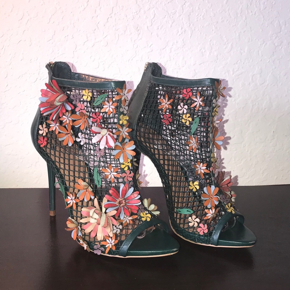 BNWT Zara Green Floral Flower Mesh Heels 38 7.5/7